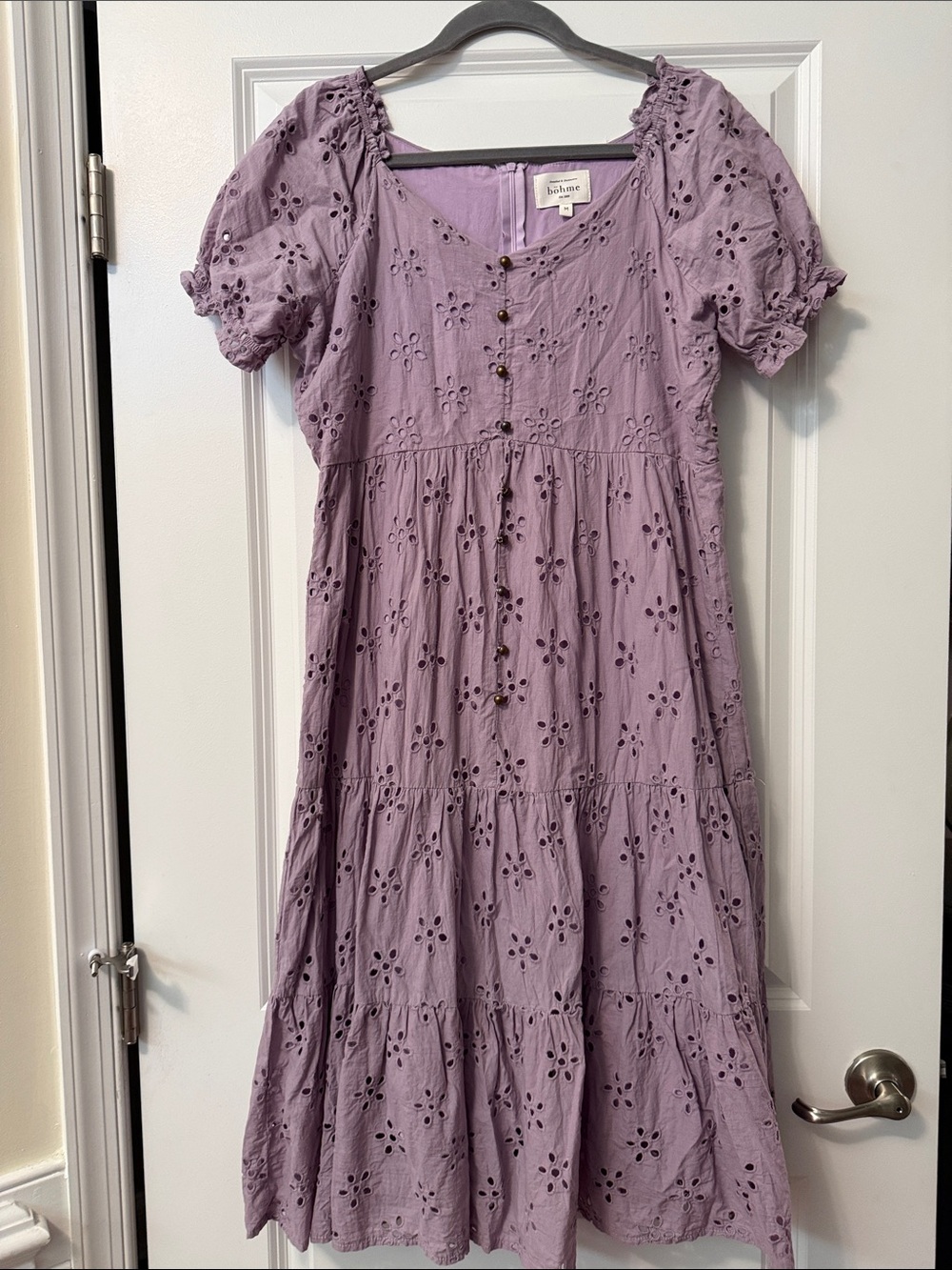 bohme Lavender Eyelet Button-Front Tiered Midi Dress